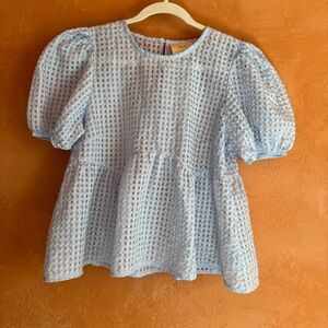 Maeve Light Blue Puff Sleeve Peplum Blouse